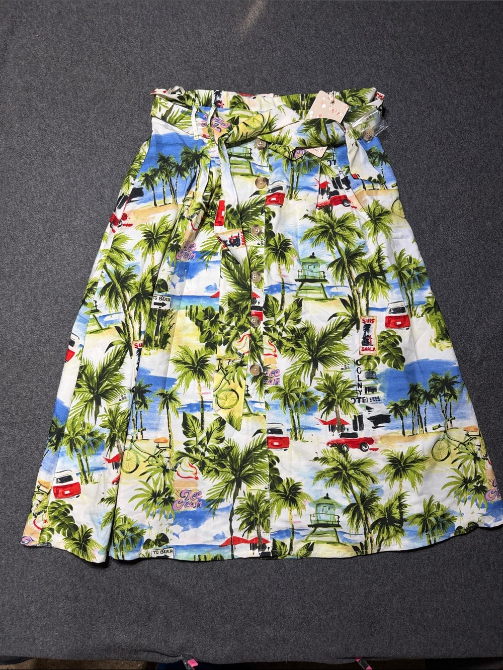 Vintage Her Destiny Tropical Beach Print Paperbag Waist Midi Skirt Size Large